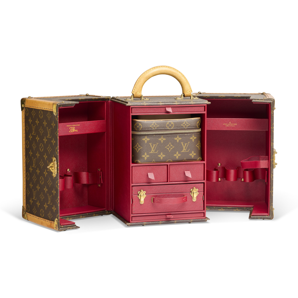 A MONOGRAM CANVAS VANITY TRUNK WITH BRASS HARDWARE BY SHARON STONE FOR AMFAR LOUIS VUITTON, 2001 Important information about this lot