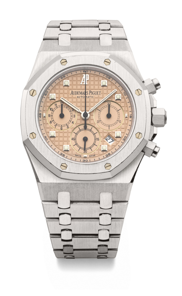 AUDEMARS PIGUET. A VERY RARE AND HEAVY 18K WHITE GOLD AUTOMATIC CHRONOGRAPH WRISTWATCH WITH DATE, SALMON DIAL AND BRACELET