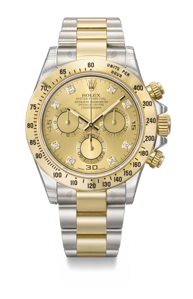 ROLEX. A RARE STAINLESS STEEL, 18K GOLD AND DIAMOND-SET AUTOMATIC CHRONOGRAPH WRISTWATCH WITH BRACELET, MADE FOR THE SULTANATE OF OMAN