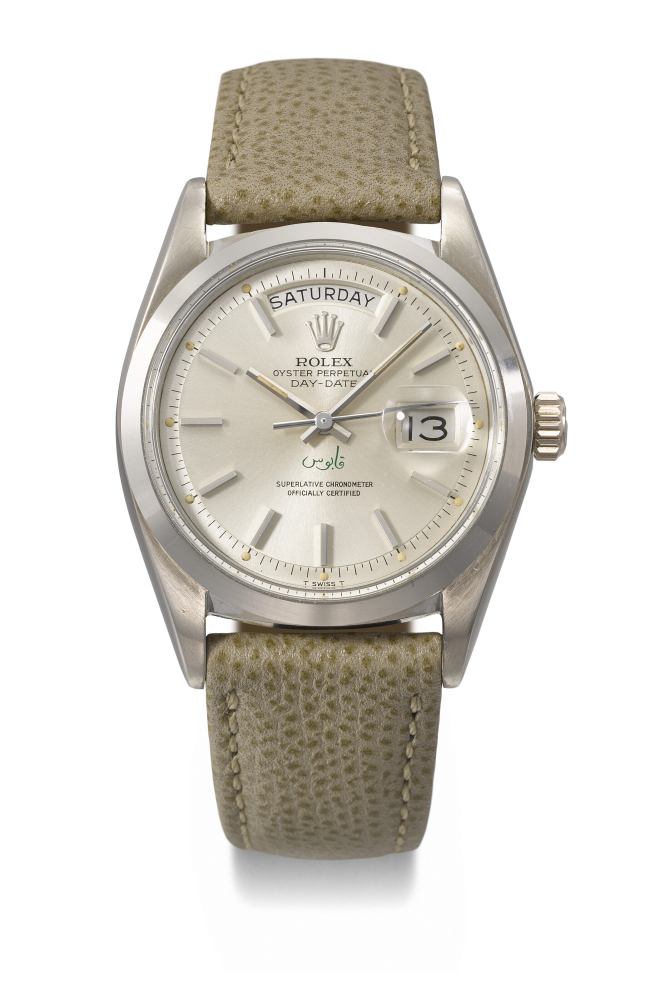 ROLEX. A VERY RARE AND ATTRACTIVE 18K WHITE GOLD AUTOMATIC WRISTWATCH WITH SWEEP CENTRE SECONDS, DAY AND DATE, MADE FOR THE SULTANATE OF OMAN