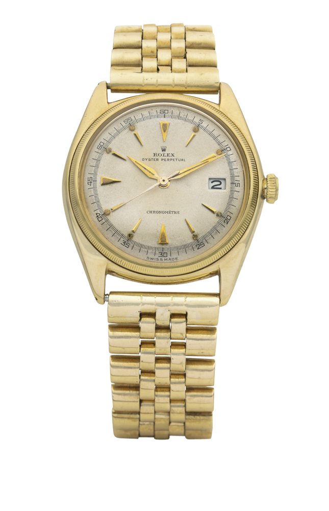 ROLEX. A VERY RARE AND EARLY 18K GOLD AUTOMATIC WRISTWATCH WITH SWEEP CENTRE SECONDS, DATE AND BRACELET