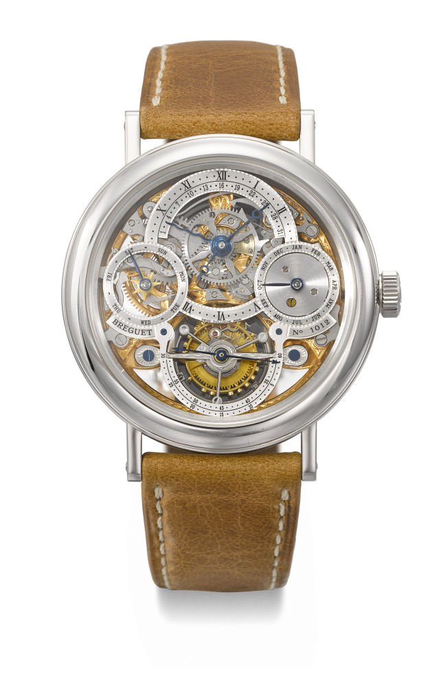BREGUET. A RARE AND ATTRACTIVE PLATINUM SKELETONIZED PERPETUAL CALENDAR TOURBILLON WRISTWATCH WITH RETROGRADE DATE AND LEAP YEAR INDICATION