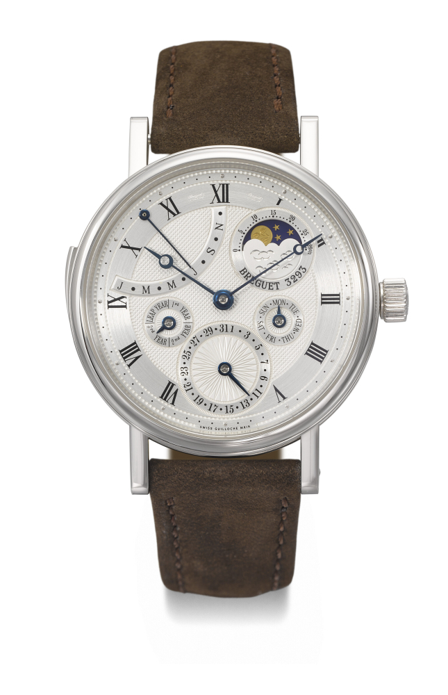 BREGUET. A RARE AND HIGHLY ATTRACTIVE PLATINUM MINUTE REPEATING PERPETUAL CALENDAR WRISTWATCH WITH MOON PHASES, LEAP YEAR INDICATION AND RETROGRADE MONTH