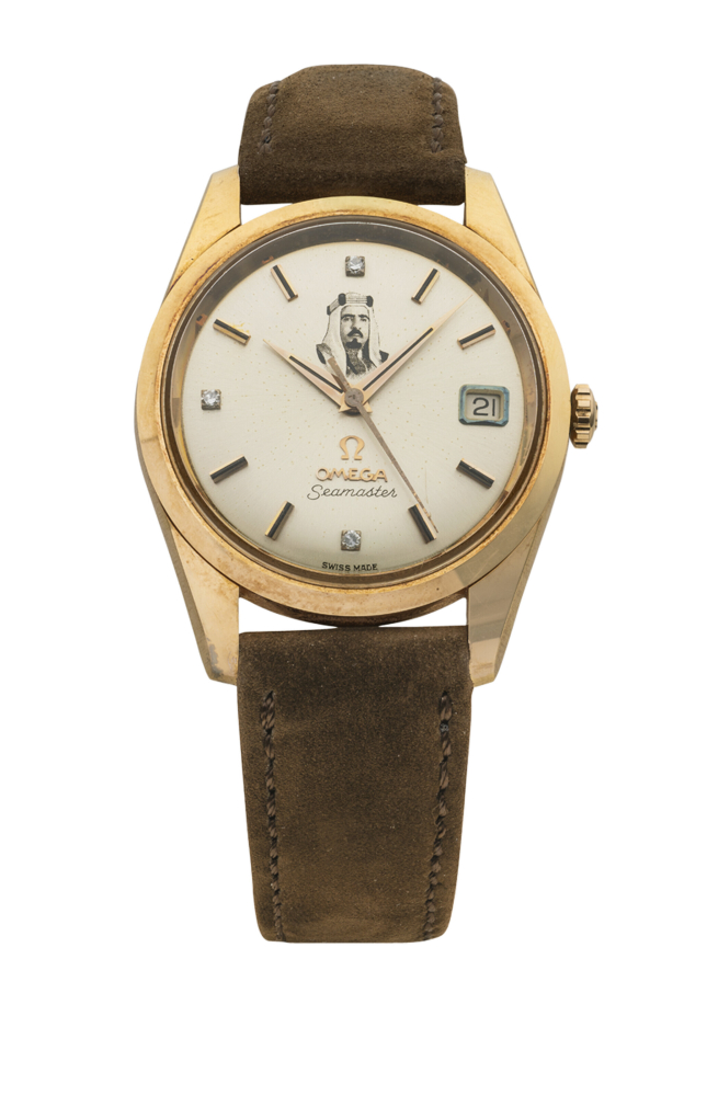 OMEGA. AN EXTREMELY RARE AND ATTRACTIVE 18K PINK GOLD AND DIAMOND-SET AUTOMATIC WRISTWATCH WITH SWEEP CENTRE SECONDS, DATE AND PORTRAIT OF SHEIKH ISA BIN SALMAN AL KHALIFA OF BAHRAIN