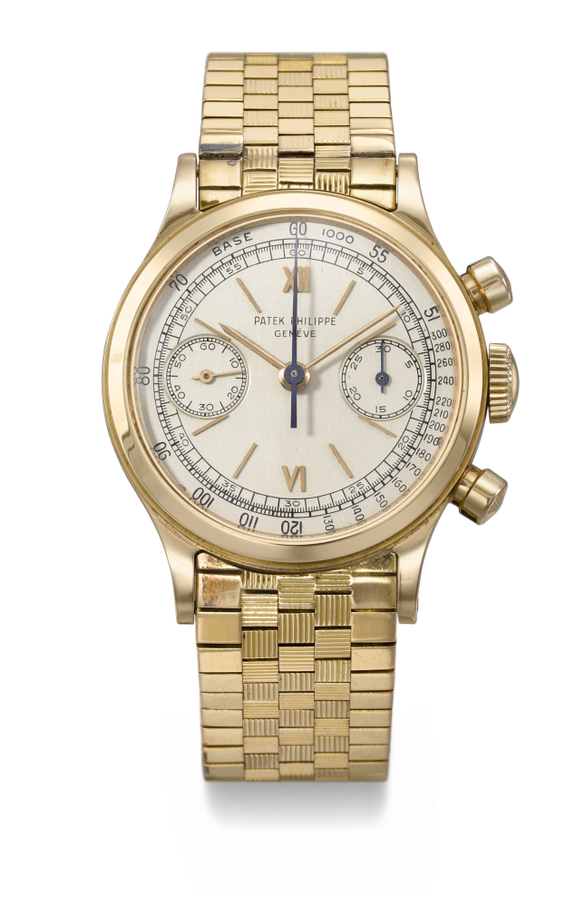 PATEK PHILIPPE. A VERY RARE AND HIGHLY ATTRACTIVE 18K PINK GOLD CHRONOGRAPH WRISTWATCH WITH TACHYMETER SCALE AND BRACELET