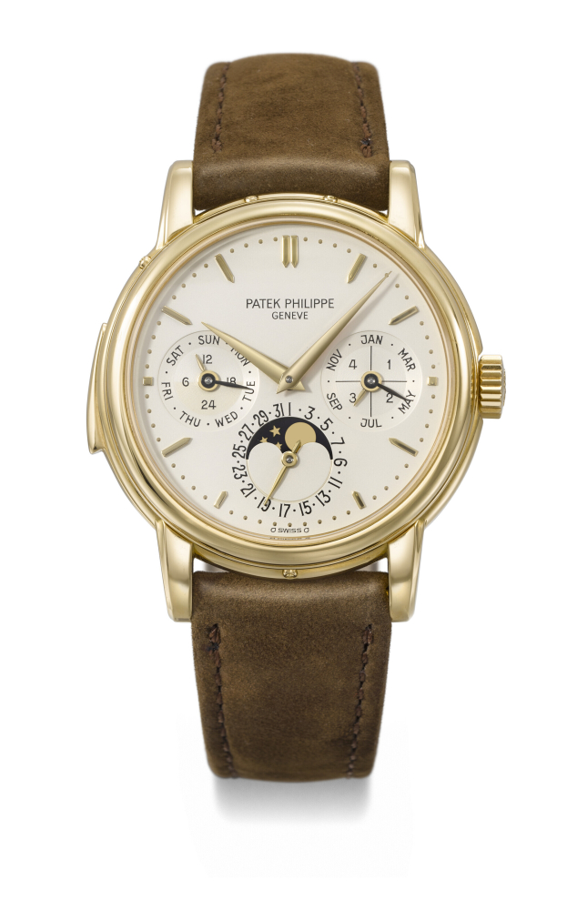 PATEK PHILIPPE. A VERY RARE AND COVETED 18K GOLD AUTOMATIC MINUTE REPEATING PERPETUAL CALENDAR WRISTWATCH WITH MOON PHASES, 24 HOUR, LEAP YEAR AND DAY/NIGHT INDICATION