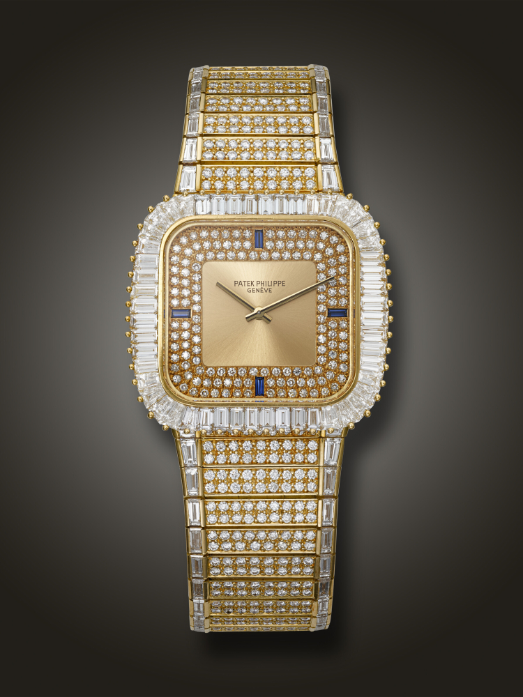 PATEK PHILIPPE, VERY RARE YELLOW GOLD, DIAMOND AND SAPPHIRE-SET SQUARE WRISTWATCH, REF. 3625/9