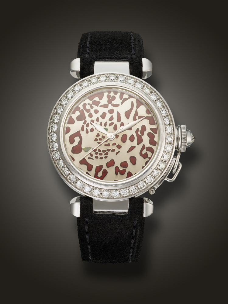CARTIER, LIMITED EDITION WHITE GOLD AND DIAMOND-SET 'PASHA', WITH CHAMPLEVE ENAMEL DIAL DEPICTING A LEOPARD, NO. 16/20, REF. 2528