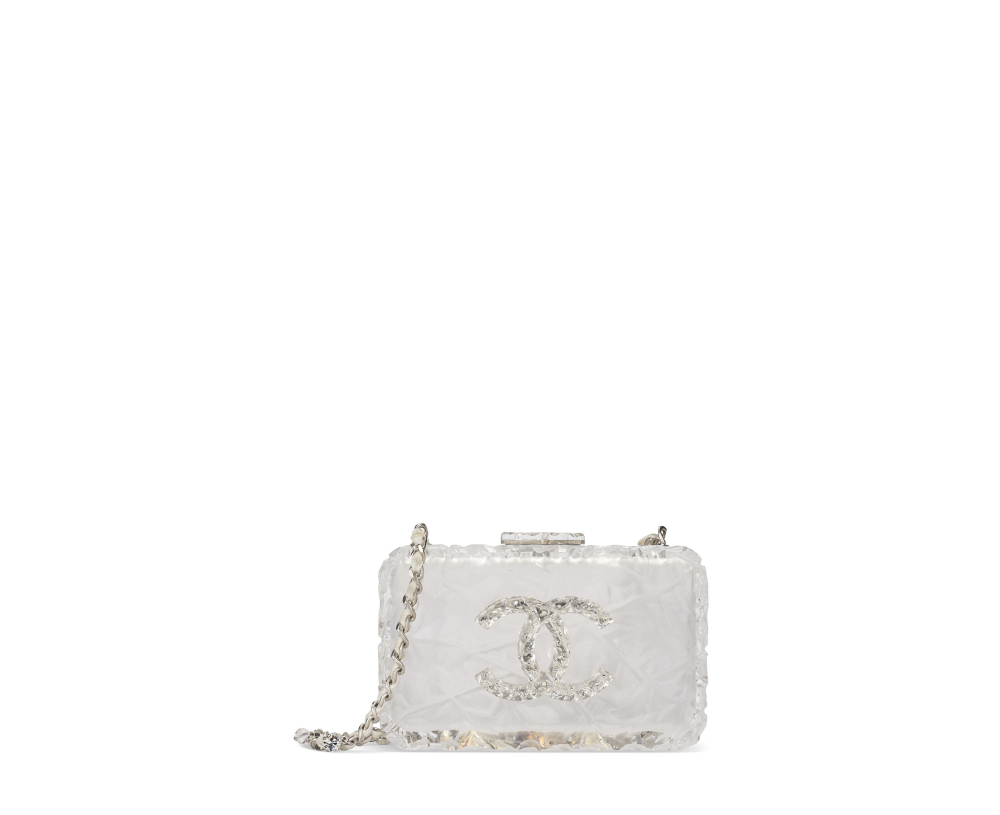 A RARE, RUNWAY ACRYLIC CRYSTAL CC ICE CUBE CLUTCH WITH SILVER HARDWARE, CHANEL, FALL 2010