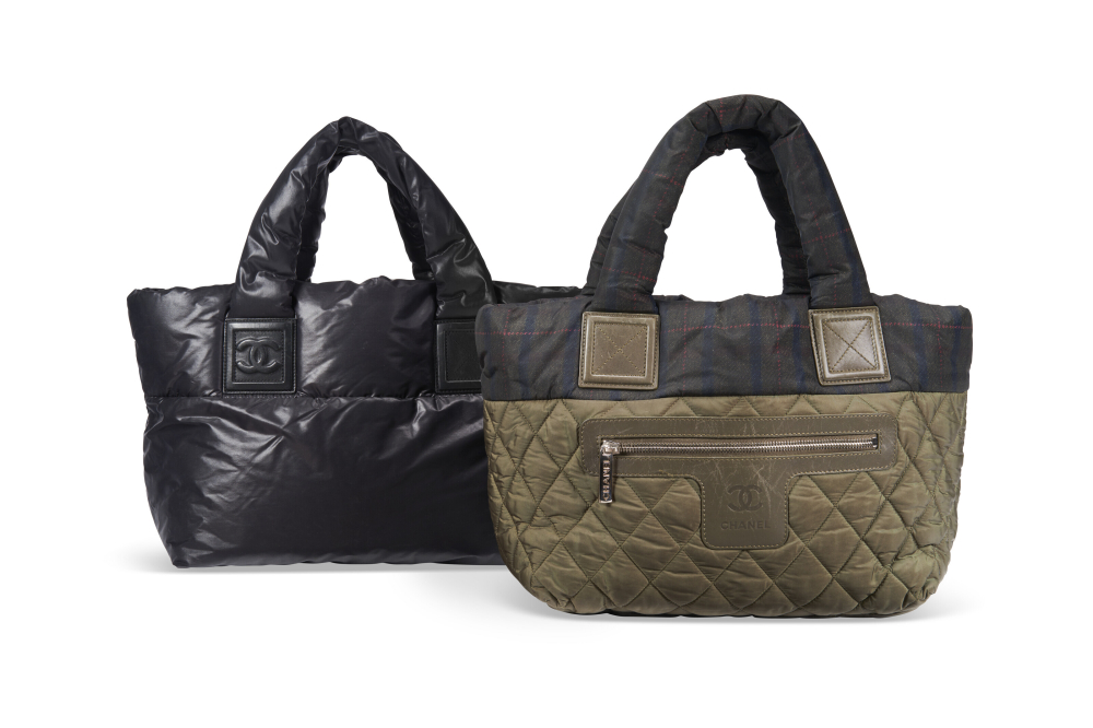 A SET OF TWO: A MEDIUM BLACK LEATHER COCO COCOON BAG A SMALL OLIVE GREEN AND PLAID QUILTED NYLON COCO COCOON BAG, CHANEL, 2010CHANEL, 2013