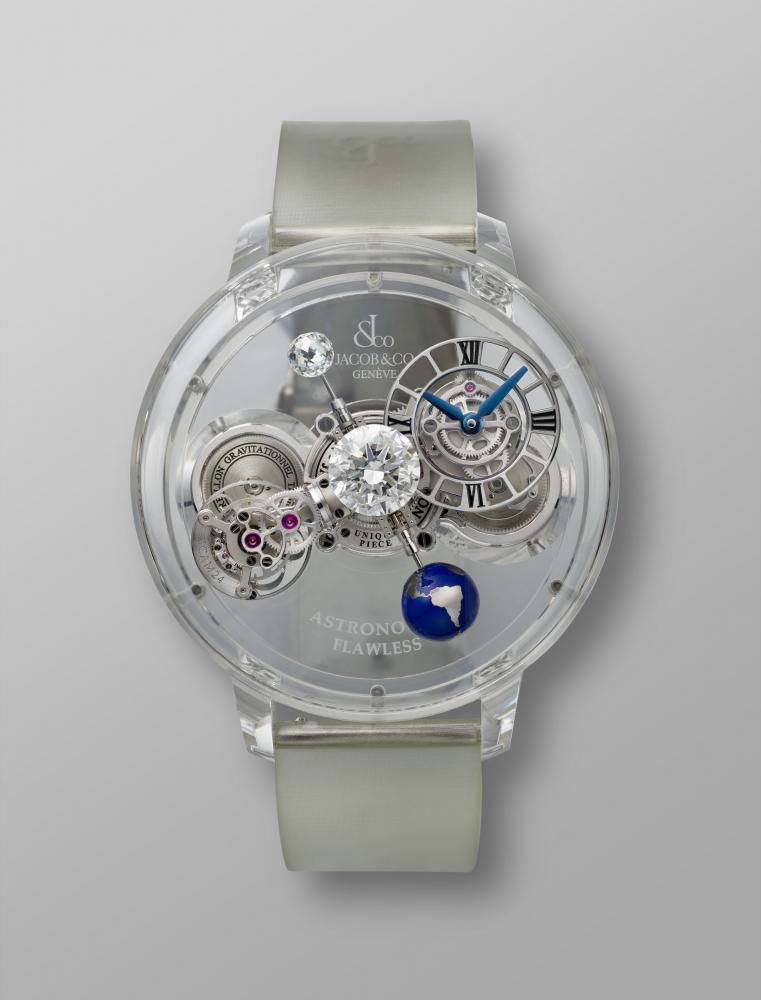 JACOB CO, MAGNIFICIENT AND UNIQUE SAPPHIRE TRIPLE AXIS TOURBILLON ‘ASTRONOMIA FLAWLESS’ WITH A 3.02 CARAT D FLAWLESS DIAMOND AND A 1.00 CARAT 'JACOB CUT' DIAMOND WITH 288 FACETS, REF. AT125.80.AA.UG.B, UNIQUE PIECE -