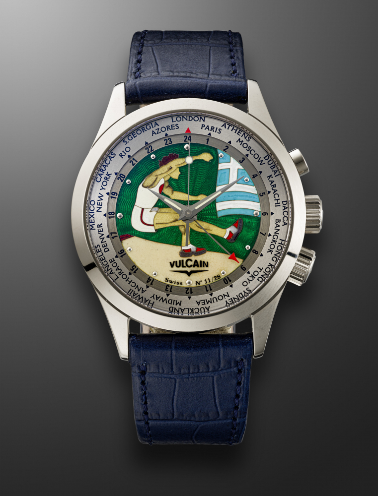 VULCAIN, LIMITED EDITION WHITE GOLD WORLD TIME 'CRICKET AVIATOR GMT EPHAISTOS' WITH ENAMEL DIAL AND ALARM FUNCTION, REF. 100308.054, NO. 11/28" -