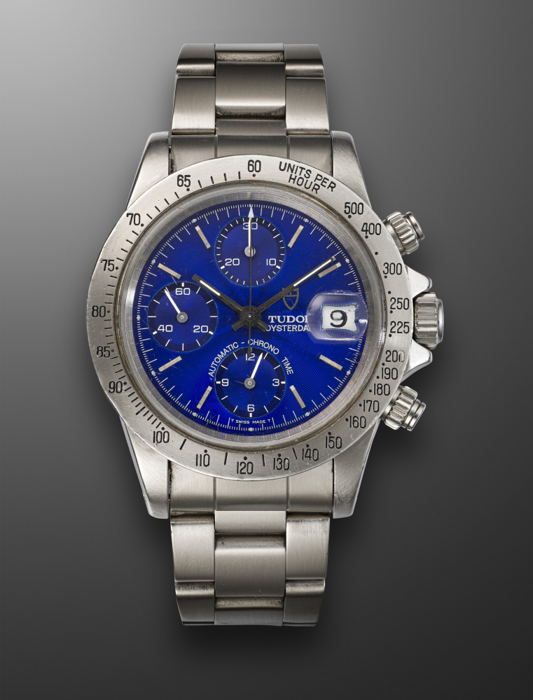 TUDOR, STAINLESS STEEL CHRONOGRAPH 'OYSTERDATE' WITH PROTOTYPE ELECTRIC BLUE DIAL, REF. 79180" -