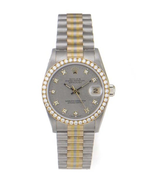 ROLEX, A MID-SIZE 18ct. WHITE GOLD DIAMOND SET AUTOMATIC CALENDAR CENTRE SECONDS WRISTWATCH.signed Rolex Oyster Perpetual Datejust, Superlative Chronometer Officially Certified, Model: Tridor, Ref:68289, circa 2000.