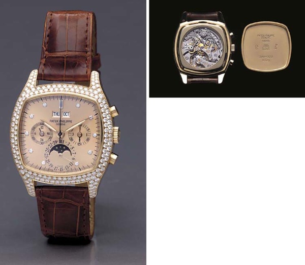 Patek Philippe. A fine and rare 18K pink gold and diamond-set cushion-shaped perpetual calendar wristwatch with phases of the moon and pink dial