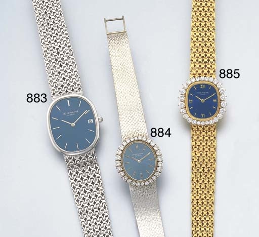 PATEK PHILIPPE. A LADY'S 18K WHITE GOLD AND DIAMOND-SET OVAL WRISTWATCH WITH BRACELET