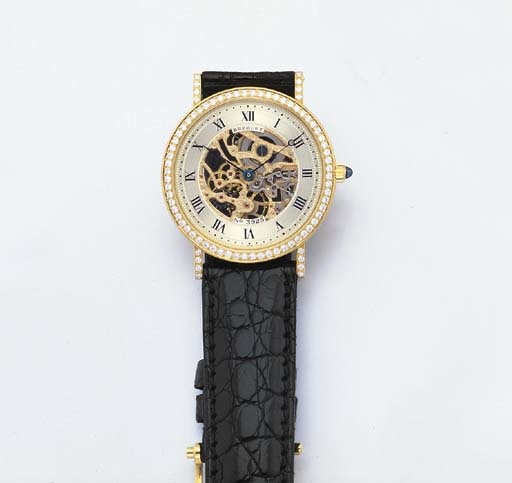 BREGUET. A FINE 18K GOLD AND DIAMOND-SET SKELETONISED WRISTWATCH