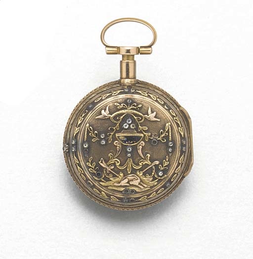 ISAAC SORET: A MULTI-COLOURED GOLD AND PASTE SET QUARTER REPEATING VERGE POCKET WATCH.signed Isaac Soret Fils, circa 1790.