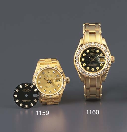 ROLEX. A LADY'S 18K GOLD AND DIAMOND-SET SELF-WINDING WRISTWATCH WITH SWEEP CENTRE SECONDS, DATE AND BRACELET