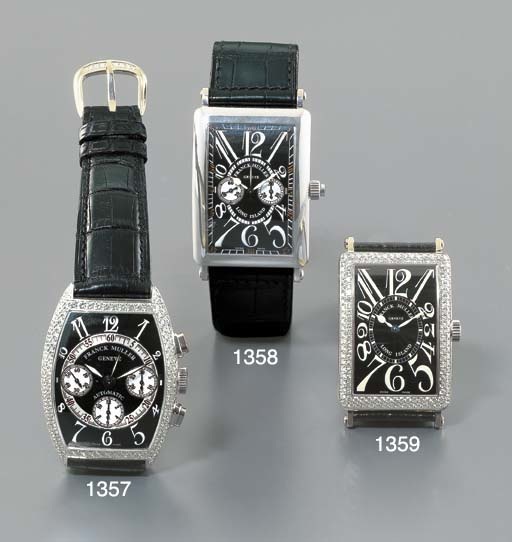 FRANCK MULLER. AN 18K WHITE GOLD AND DIAMOND-SET SELF-WINDING TONNEAU-SHAPED CHRONOGRAPH WRISTWATCH