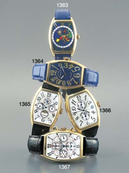 FRANCK MULLER. AN 18K GOLD SELF-WINDING TONNEAU-SHAPED DUAL TIME WRISTWATCH WITH SWEEP CENTRE SECONDS AND ENAMEL DIAL