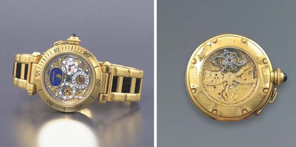 CARTIER. AN IMPORTANT AND RARE 18K GOLD SELF-WINDING SKELETONISED PERPETUAL CALENDAR TOURBILLON WRISTWATCH WITH PHASES OF THE MOON AND BRACELET