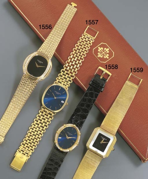 PATEK PHILIPPE. AN 18K GOLD RECTANGULAR WRISTWATCH WITH ONYX AND MOTHER-OF-PEARL DIAL