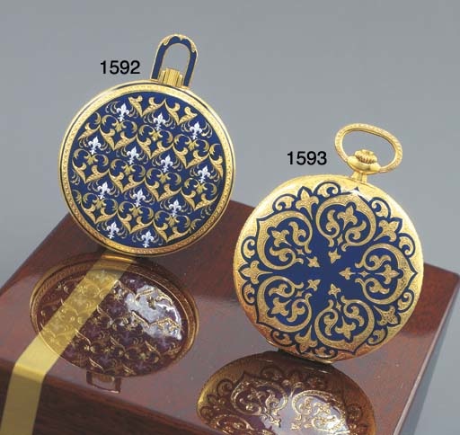 PATEK PHILIPPE. AN 18K GOLD AND ENAMEL HUNTER CASED KEYLESS LEVER WATCH