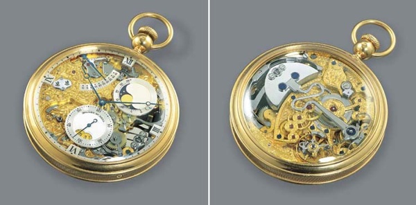 BREGUET. A FINE 18K GOLD SEMI-SKELETONISED KEYLESS LEVER DECK WATCH WITH DATE, POWER RESERVE AND PHASES OF THE MOON