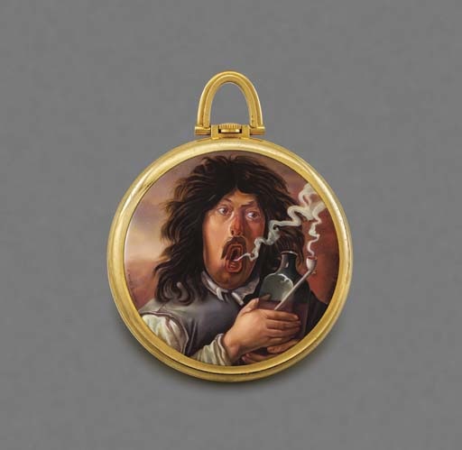 Vacheron Constantin. A fine and unique 18K gold openface keyless lever dress watch with enamel miniature after Adriaen Brouwer by Charles Poluzzi