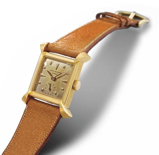 Patek Philippe. An extremely fine and rare 18K gold square wristwatch with unusual lugs