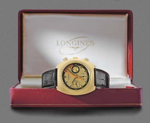 Longines. An unusual 18K gold tonneau-shaped waterproof chronograph wristwatch with Vernier scale