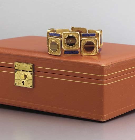 Patek Philippe. A fine and rare 18K gold, tiger's eye and lapis lazuli bracelet watch
