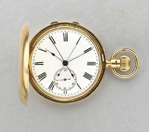 Reid Sons. A fine 18K gold hunter case two-train keyless lever watch with independent split-second chronograph