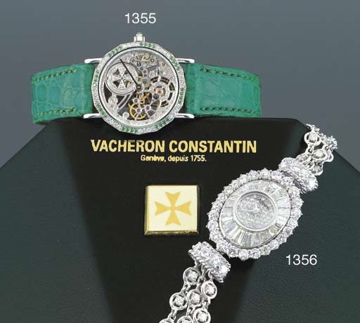 VACHERON CONSTANTIN. A FINE LADY'S 18K WHITE GOLD, DIAMOND AND EMERALD-SET SKELETONISED WRISTWATCH