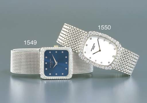 PATEK PHILIPPE. AN 18K WHITE GOLD AND DIAMOND-SET SQUARE WRISTWATCH WITH BRACELET