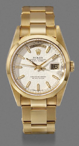 Rolex. An 18K gold self-winding water-resistant calendar wristwatch with sweep centre seconds and bracelet