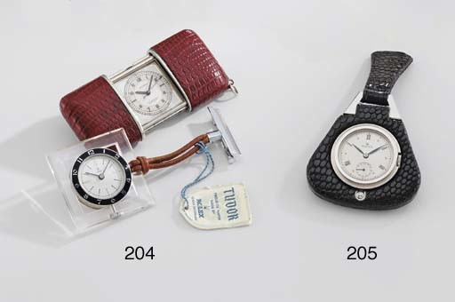 Rolex. An unusual stainless steel and leather openface keyless lever purse watch