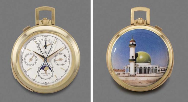 Patek Philippe. A very fine and probably unique 18K gold openface minute repeating perpetual calendar split seconds chronograph keyless lever watch with phases of the moon and enamel miniature by Suzanne Rohr