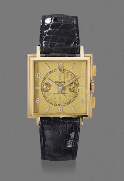 Rolex. A rare and unusual 18K gold square chronograph wristwatch