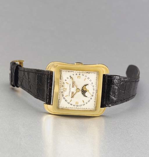 VACHERON CONSTANTIN. A VERY RARE 18K GOLD TRIPLE CALENDAR MOONPHASE WRISTWATCH