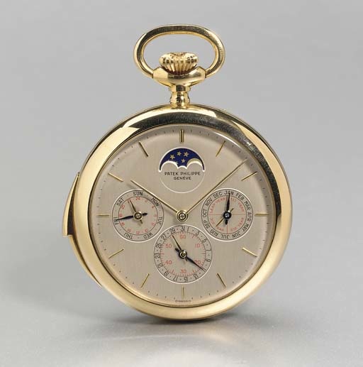 PATEK PHILIPPE. A RARE AND IMPORTANT 18K GOLD MINUTE REPEATING PERPETUAL CALENDAR OPENFACE KEYLESS LEVER POCKET WATCH WITH PHASES OF THE MOON