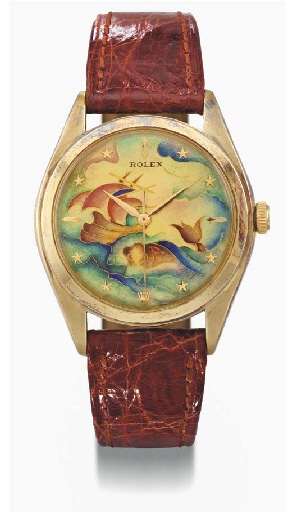 Rolex. An extremely fine and rare 18K gold self-winding waterproof wristwatch with sweep centre seconds, star numerals and cloisonn