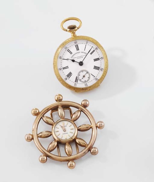 Patek Philippe Rolex. A lot of one 18K gold openface keyless lever pendant watch and one 18K pink gold helm-shaped brooch watch