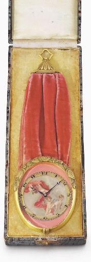 Chevron/Henri Ditisheim. An unusual gilt metal oval eigth days timepiece with ribbon, enamel signed Rivier