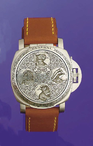 PANERAI. A FINE LIMITED EDITION STAINLESS STEEL CUSHION AUTOMATIC WRISTWATCH WITH DATE AND CONCEALED DIAL BENEATH A FINELY ENGRAVED COVER