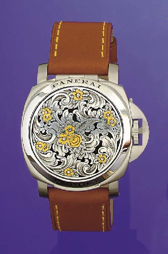 PANERAI. A FINE LIMITED EDITION STAINLESS STEEL CUSHION AUTOMATIC WRISTWATCH WITH DATE AND CONCEALED DIAL BENEATH A FINELY ENGRAVED COVER