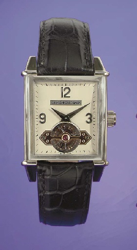GIRARD-PERREGAUX. A FINE AND RARE 18K WHITE GOLD SQUARE AUTOMATIC TOURBILLON WRISTWATCH