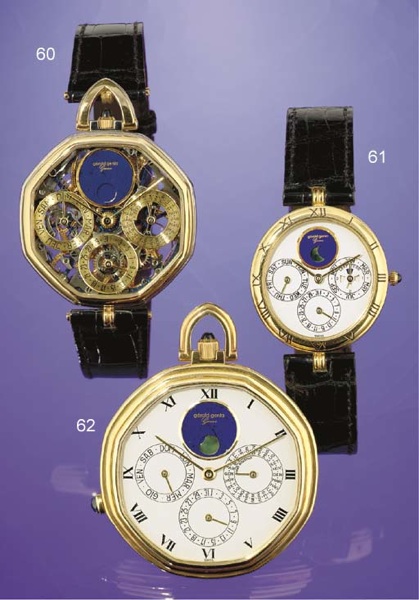 GERALD GENTA. A RARE OVERSIZED 18K TWO-COLOR GOLD OCTAGONAL SKELETONIZED PERPETUAL CALENDAR WRISWATCH WITH MOON PHASES