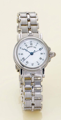 BREGUET. A FINE LADY'S 18K WHITE GOLD, DIAMOND AND MOTHER-OF-PEARL AUTOMATIC CENTER SECONDS WRISTWATCH WITH DATE AND BRACELET